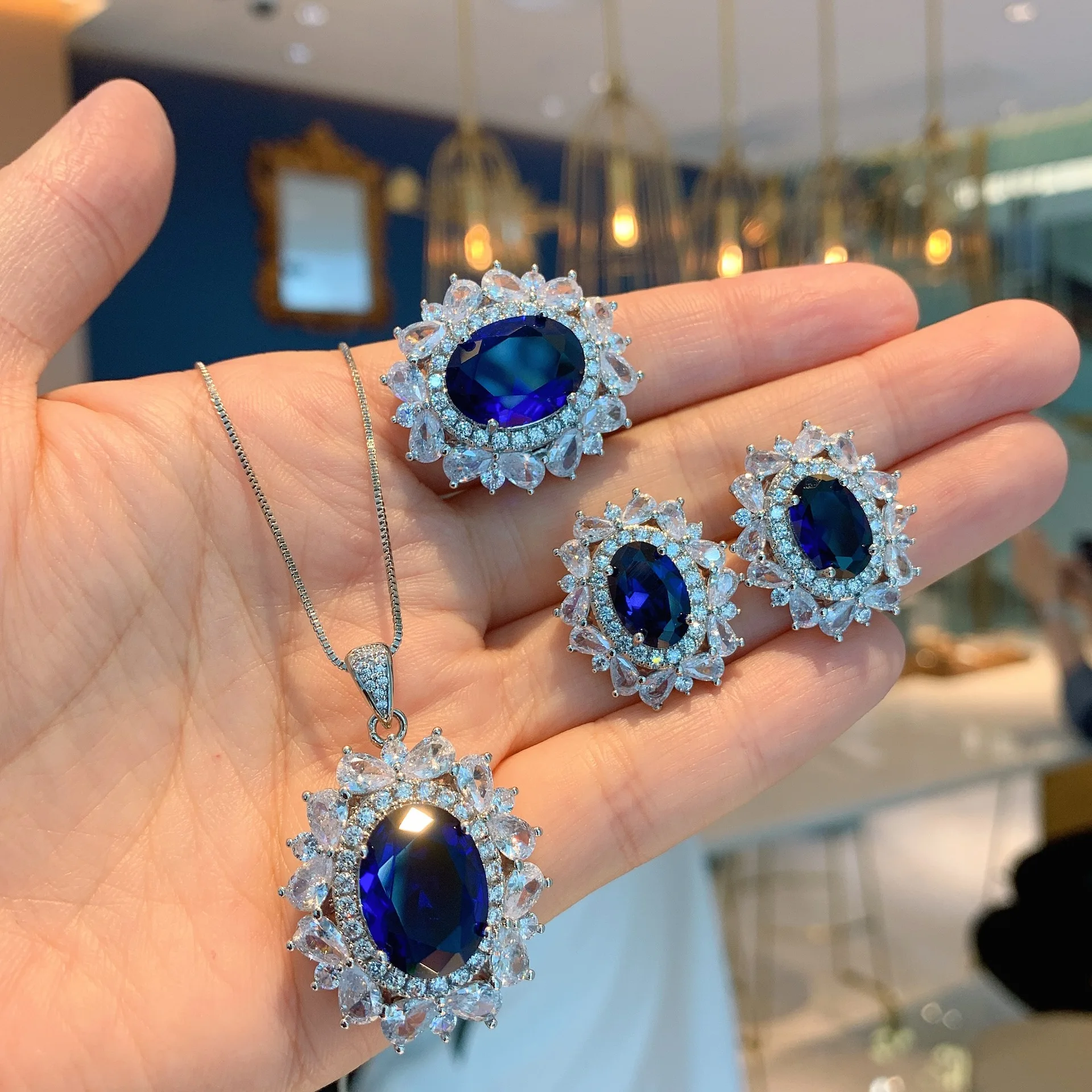 

Exquisite Wedding Bridal Jewelry Blue Sapphire Full Zircon Pendant Necklace Stud Earrings Adjustable Ring Jewelry Set For Women