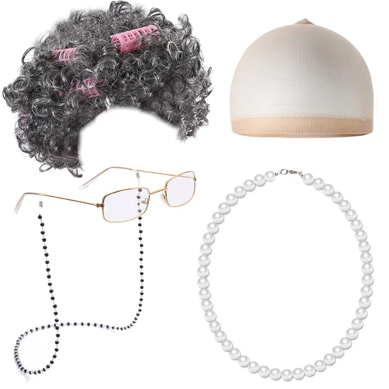 Old Lady Costume Women Kids Girls Adults 100 Day Of School Dress Up Grandma Grey Wig Granny Glasses Halloween Cosplay Accessory