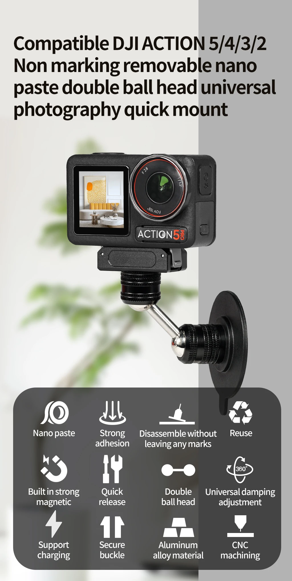 360° Drehbarer Kugelkopf Schnellverschluss-Halterung Klebende Aufkleberbasis für GoPro OSMO Pocket 4 Insta360 Go 3 3S Ständerhalterung – Detail 1