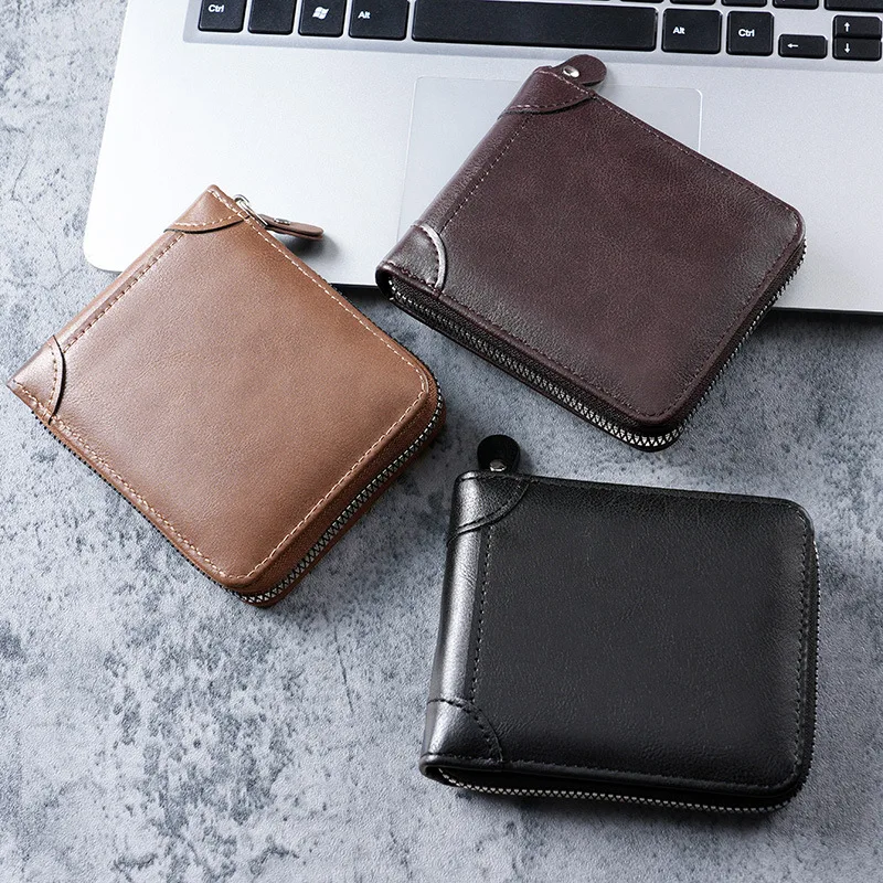 

Vintage Men Short Zipper Wallet with Coin Pocket Casual Small PU Leather Card Holder Designer Wallets for Men Luxury Brand 2023