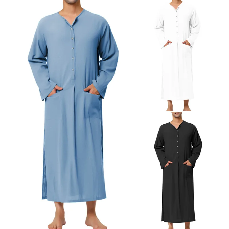 

2023 Summer New Men's Robes Long Sleeve Solid Loose Middle Eastern Muslim Robe Arabic Pakistan Fashion Islamic Clothing