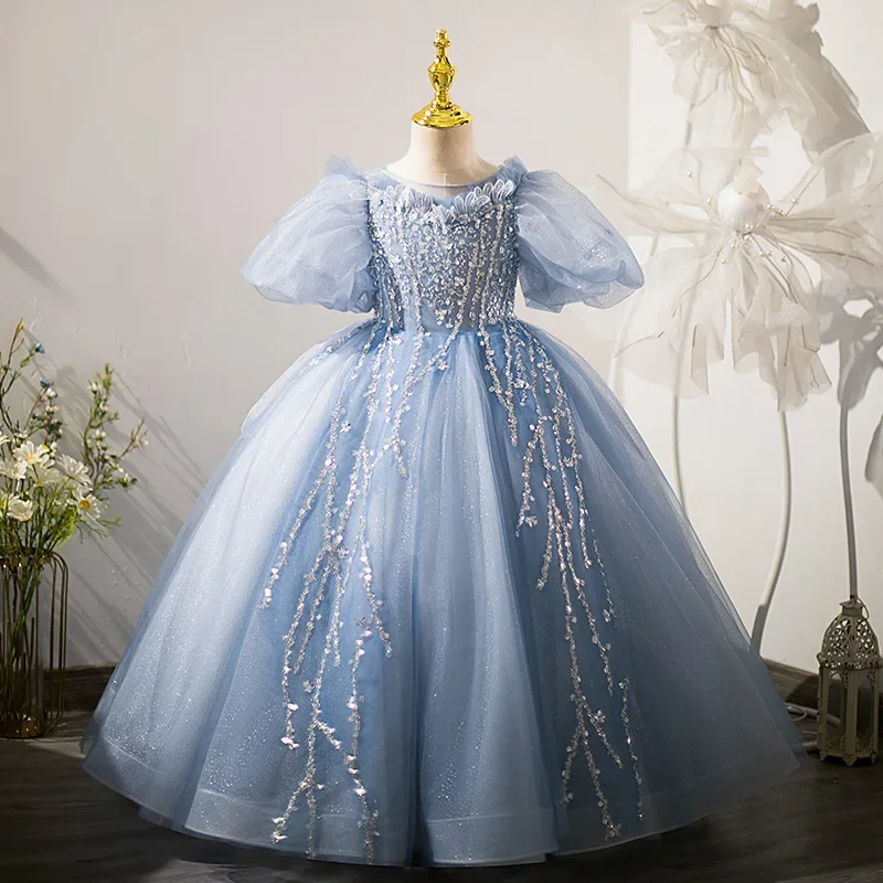 

2023 Piano Performance Costumes for Baby Girls Kids Sequined Princess Ball Gowns Children Carnival Evening Party Long Dresses