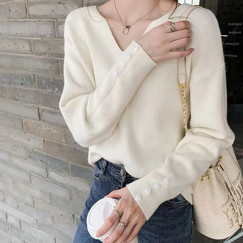 

2023 Autumn Spring Women Sweaters Female Tops Knitted Thin Pullover Solid V-neck Loose Elegant Office Lady Casual All Match