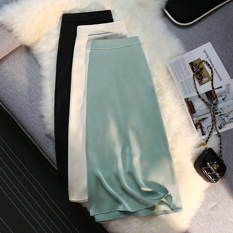 Silk Satin Long Skirts for Women 4 Seasons Elegant Female Midi A Line Skirt Side Zipper Back Elastic Band Fashion Skirt long skirts for women