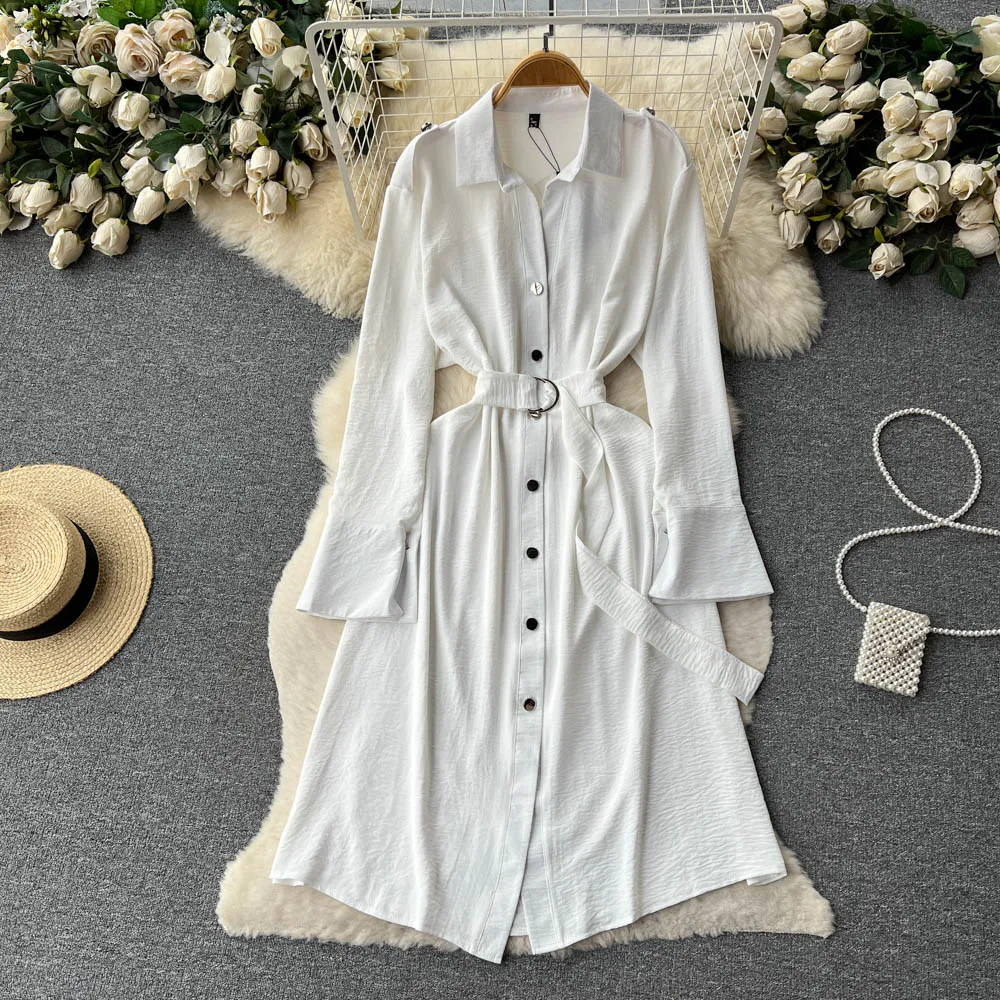 

White Polo Neck Long Sleeved Dress with a Waist Down Casual Lazy Style Single Breasted Shirt Long Skirt