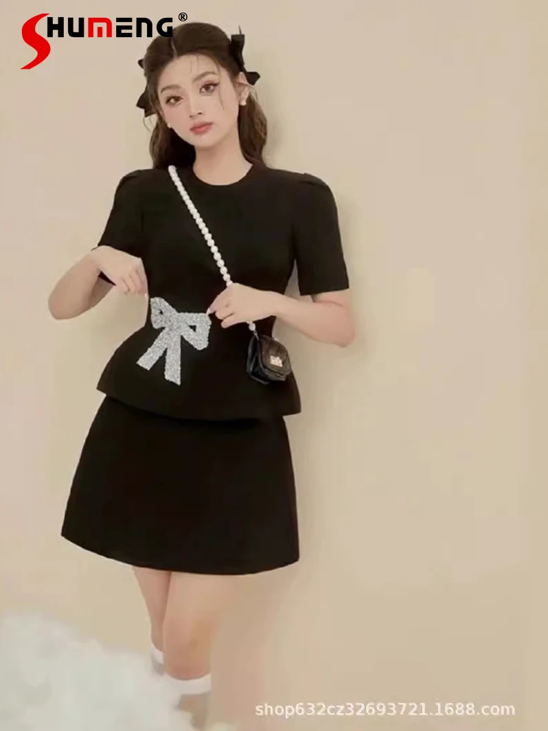 Fashion Skirt Suit Female 2024 Summer New High-End Affordable Luxury Beaded Bowknot Slimming Solid Color Women’s Dress Sets