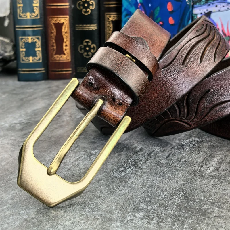 Retro Brass Belt Buckle Top Thick Genuine Leather Belt For Men Ceinture Leather Man Belt Vintage Cowboy Waist Belt Men MBT0020
