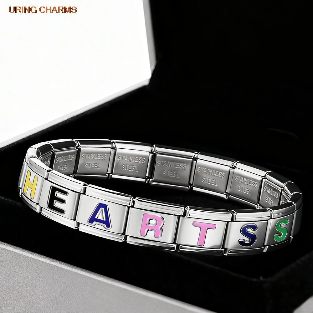 URING Klassische Charms, bunt, englische 26 Buchstaben A-Z, italienische Gliederkette, passend für 9 mm Edelstahl, DIY-Schmuck für Damen und Herren, Armbänder – Detail 3
