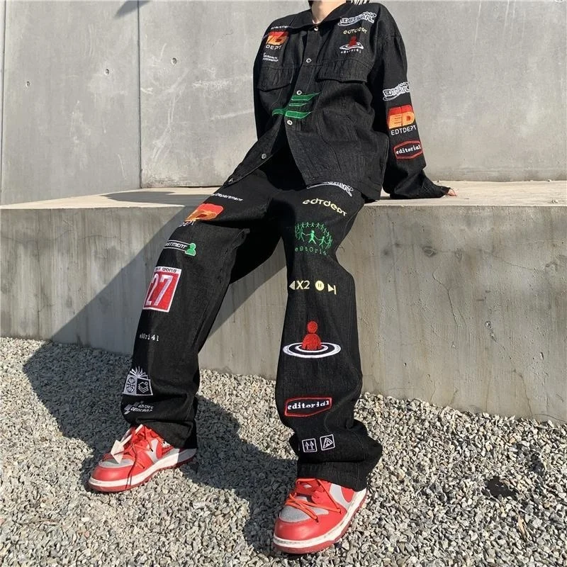 

American style large size high street printed jeans men loose straight hip-hop pants personality street couple pants