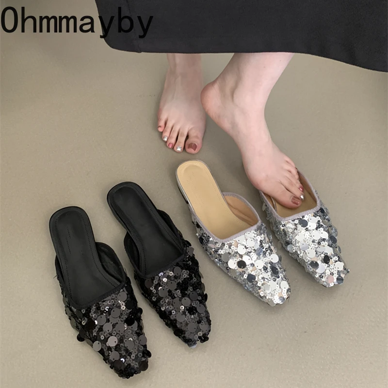 

Мюли женские с блестками, модные шлепанцы на плоской подошве, без застежки, Уличная обувь, уличные тапочки, лето 2024