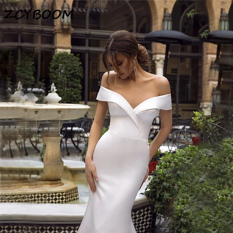 

Elegant Off The Shoulder V-neck Satin Simple Mermaid Wedding Dresses For Women Court Train 2024 Bridal Gowns Vestido De Noiva