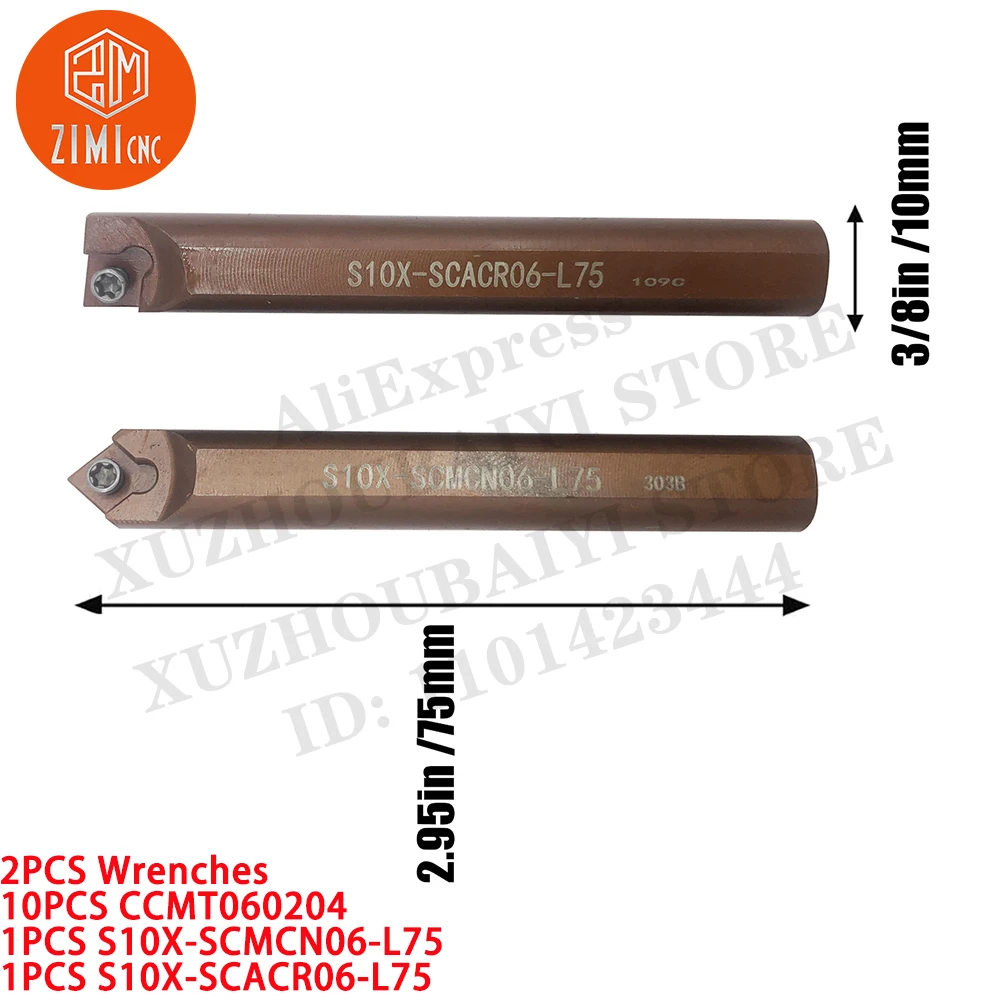 2PC S10X-SCMCN06-L75 + S10X-SCACR06-L75 Lather Turning Tool Holder Boring bar +10PCS CCMT060204 CNC Tool Carbide Turning Inserts