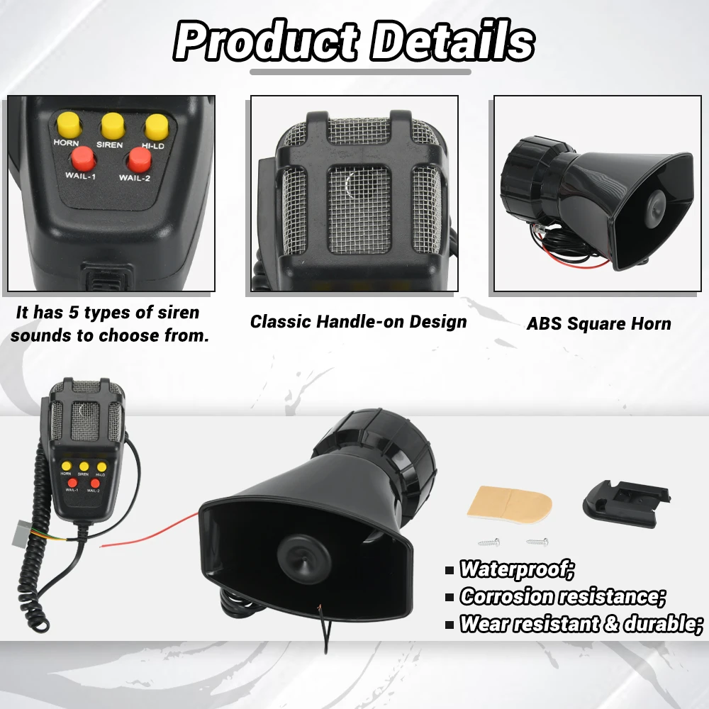 5 Tone Sound Car Siren Vehicle Horn W/ Mic PA Speaker System 100W Emergency Sound Amplifier 12V Siren Air Horn