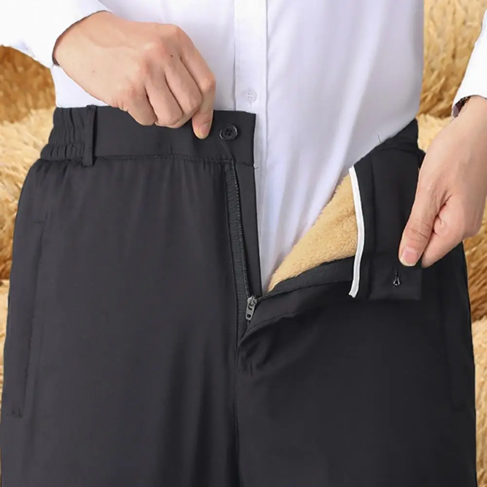 

Mid-aged Men Pants Men's Straight Suit Pants with Plush Lining Elastic Waist Business Style Solid Color Warm Trousers for Office