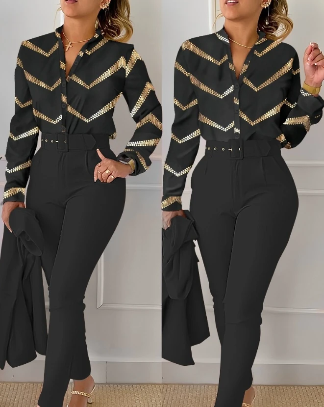 Two Piece Sets Womens Outifits Fashion Bronzing Chevron Print Stand Top & Pocket Design Elegant Pants Set 2024 New Women's Suits casual women bronzing chevron print buttoned shirt