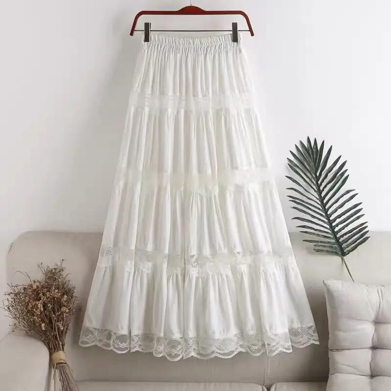 

Sweet kawaii Chiffon Lace Stitching A-line pleated skirt Women's High Waist Midi Skirts Black Purple Elegant Party Long Skirt