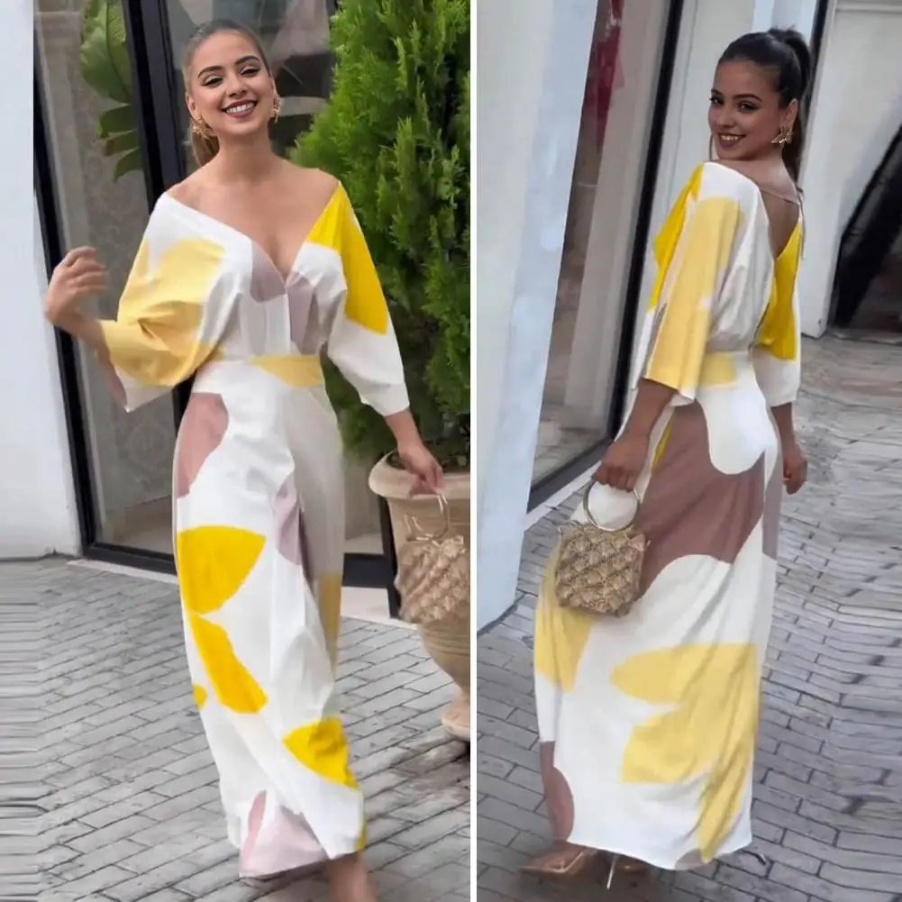 

Платье-Макси женское с V-образным вырезом, рукавом три четверти и открытыми плечами