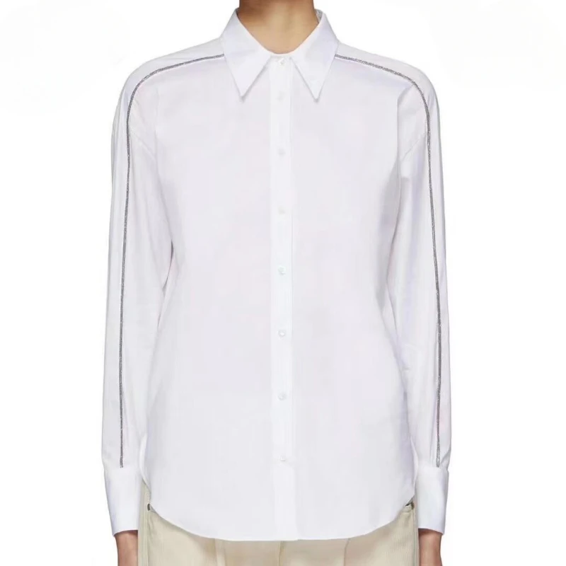 

2024 Early Spring New Women White Beaded Long-sleeved Shirt