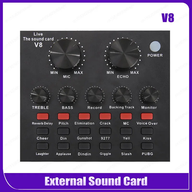 V8 오디오 믹서 USB 외장 사운드 카드, 헤드셋 마이크 라이브 방송 사운드 카드, 휴대폰 컴퓨터 사운드 카드용