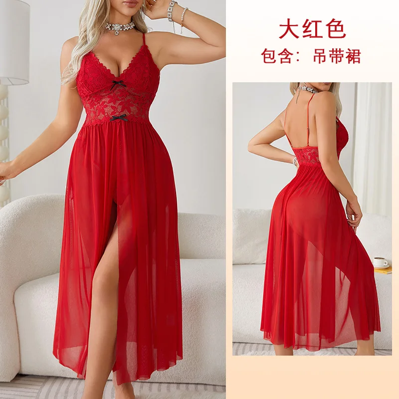 Summer Intimate Lingerie Nightgown, Sexy Lace Mesh Sleepwear With A Slit And Spaghetti Straps, Long Waist-cinching Home Wear