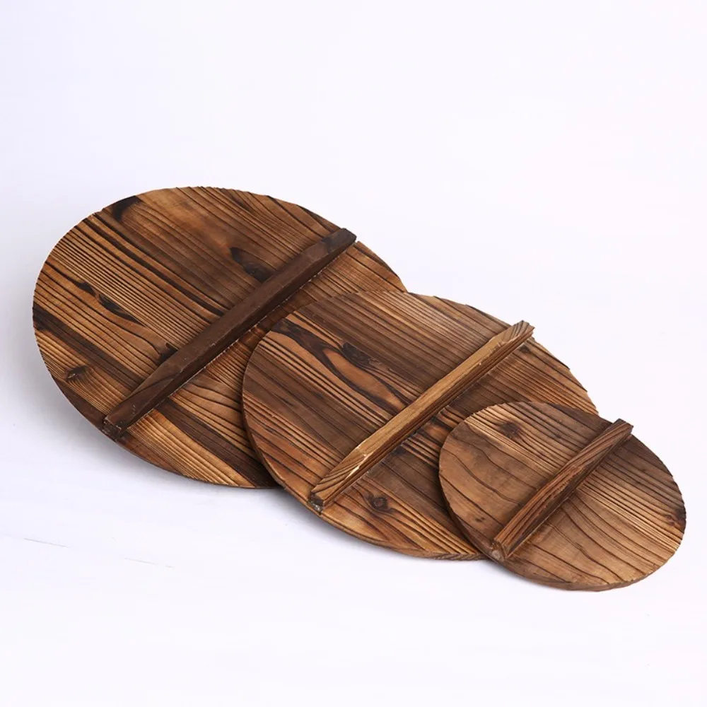 Universal 22-34cm Wooden Pot Cover Traditional Anti Scalding Round Iron Wok Pan Lid Fir Wood Pot Lid Cookware Parts