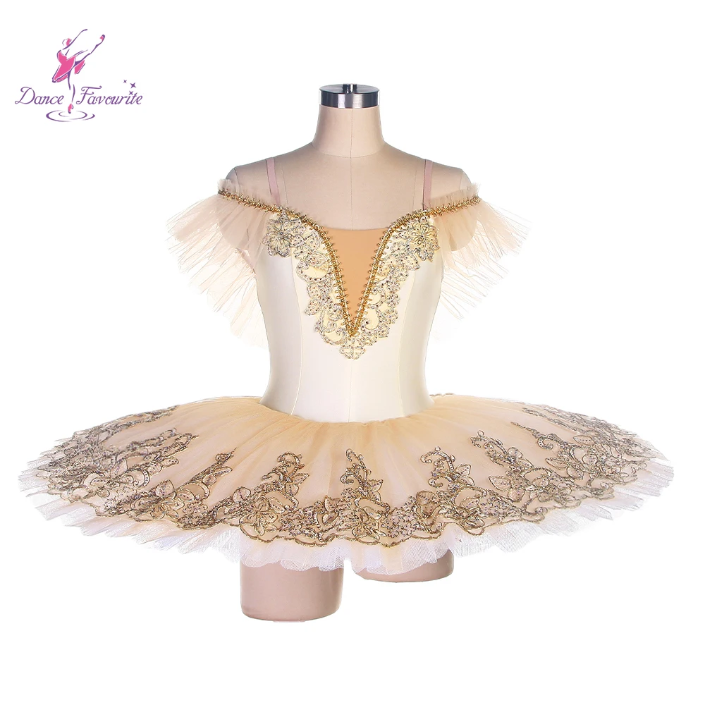 

Dance Favourite Ballet Tutus BLL417 Ivory Spandex Bodice Ivory Tulle Tutu with Gold Applique Decorated Pre-professional Costumes