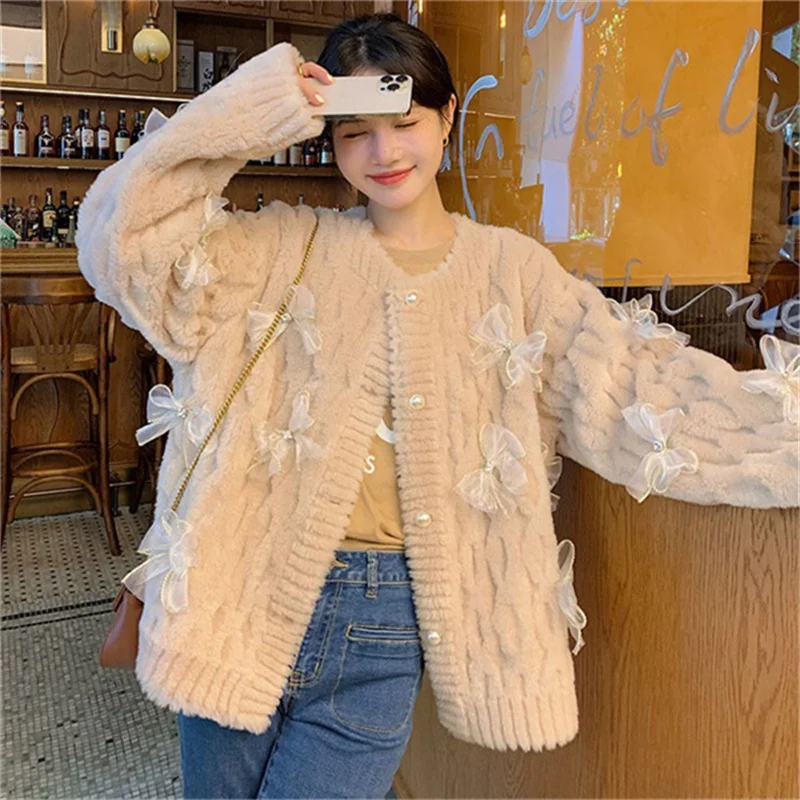 2023 Winter New Women's Fur Cardigan High Quality 100% Wool Temperament Thick Warm Short Coat Fashion Charm Bow Fur Coat