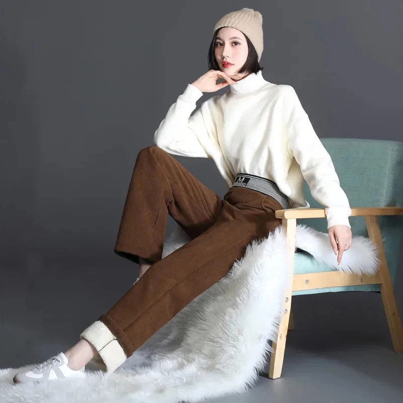 Winter Lambswool Wide Leg Pants High Waist Thicken Warm Spodnie Baggy Oversized Straight Trousers Women Fleece Lined Pantalones