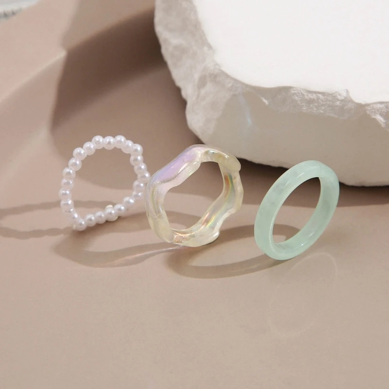 2025 Fashion Style 3 pièces, bague de pouce pliable à la mode en résine, bague élastique en perles Y2K_voghion.com