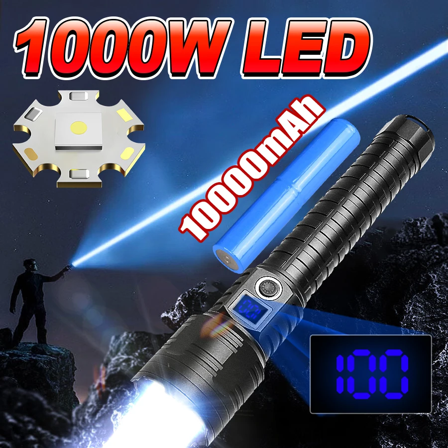 Most Powerful Flashlight 1000W LED Rechargeable Torch Light 10000mAh High Power LED Flashlights 5000M Long Shot Tactical Lantern