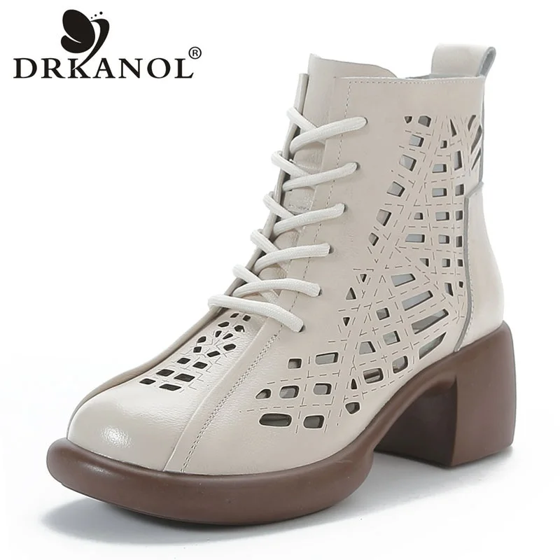 DRKANOL New Women Summer Ankle Boots Breathable Hollow Thick High