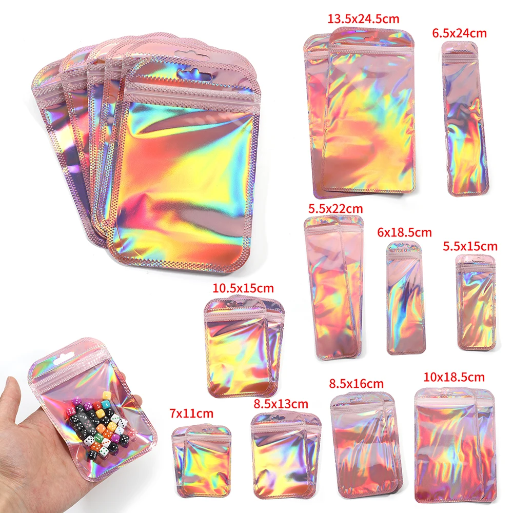 Jewelry Packaging Bags 50pcs Pink Laser Ziplock Reusable