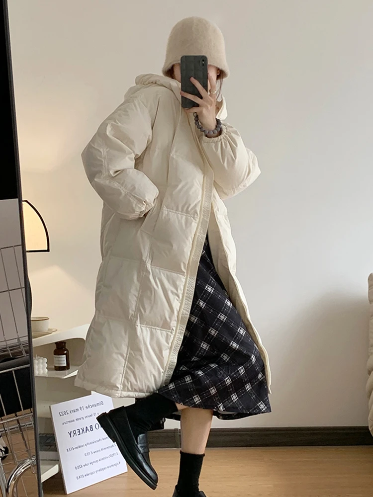 

Zoki Korean Thick Long Puffy Coat Women Fashion Loose Solid Preppy Style Parkas Winter Warm Long Sleeve Sweet Zipper Design Coat