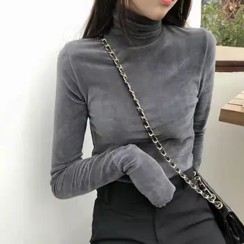터틀넥 벨벳 보온 속옷 상의, 긴팔 티셔츠, 단색, 가을 피트니스, 블랙, 화이트, 여성 의류