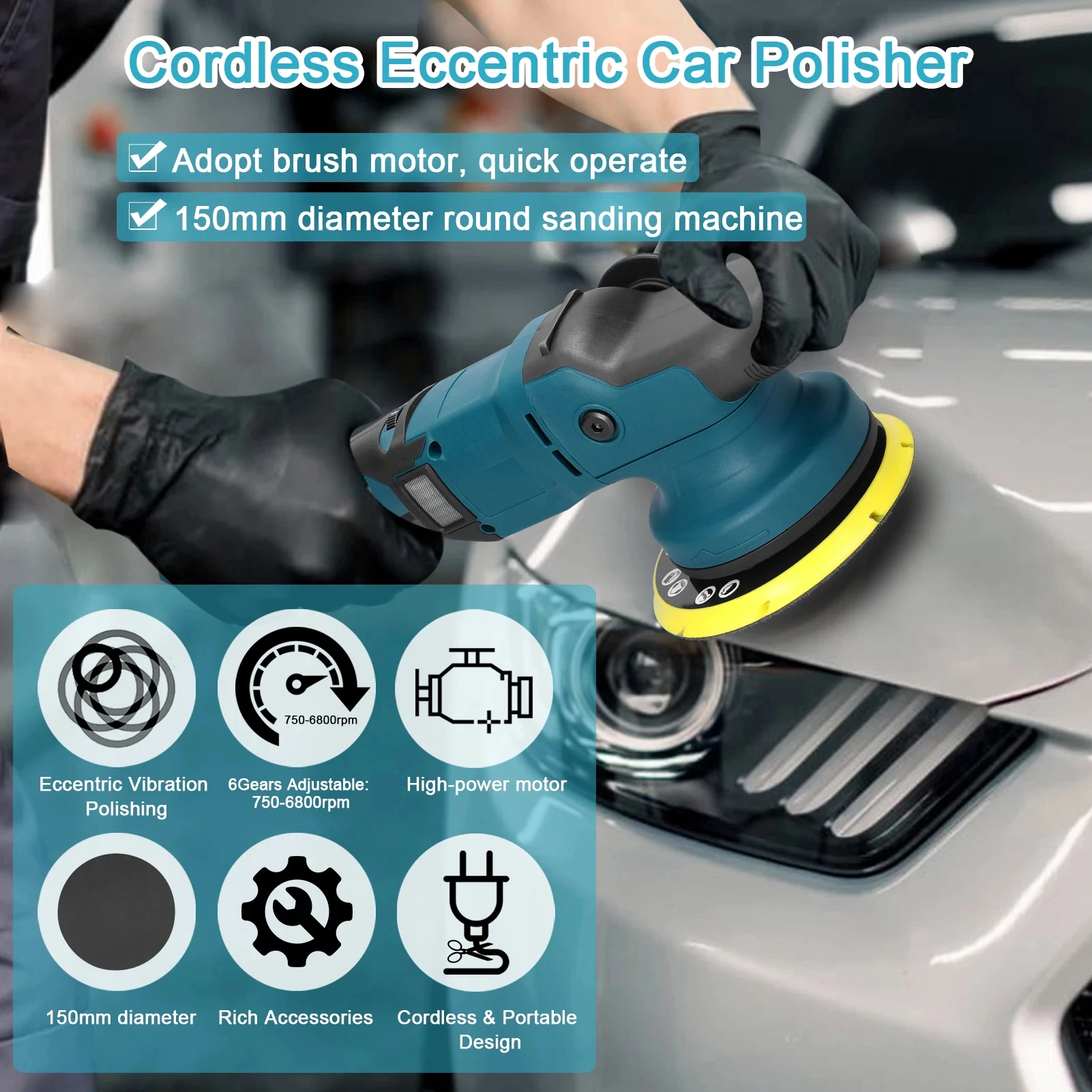 150mm Car Polisher 6 Gears Electric Car Cordless Brushless Auto Waxing Cleaning Polishing Machine Wood Sanding Rust Removal Tool