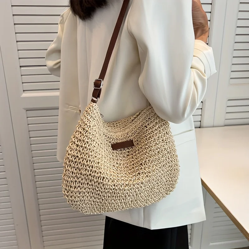 Summer Rattan Crossbody Bags for Women Saddle Straw Woven Shoulder Bag, Handmade Knitted Lady Small Handbags, Vacation Beach Bag