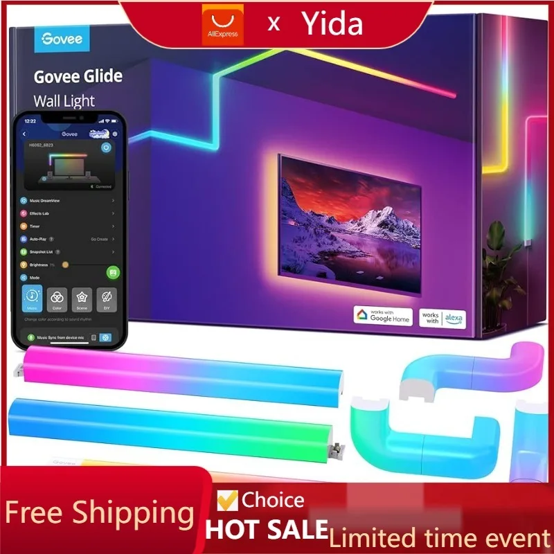 

Govee 3D стена светильник Glide, умные бра для игр и гостиной, многоцветные, настраиваемые, музыкальная синхронизация, декор для игр светодиодный Bar