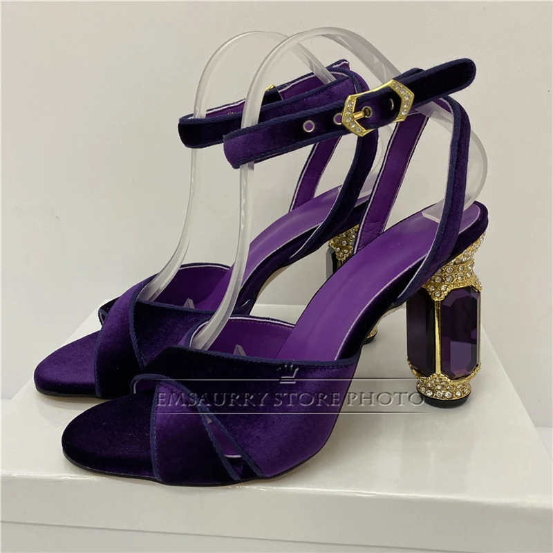 Women High Heels Luxury Velvet Diamond Heel Summer Cross Band Ankle Strappy Jeweled Party Sandals