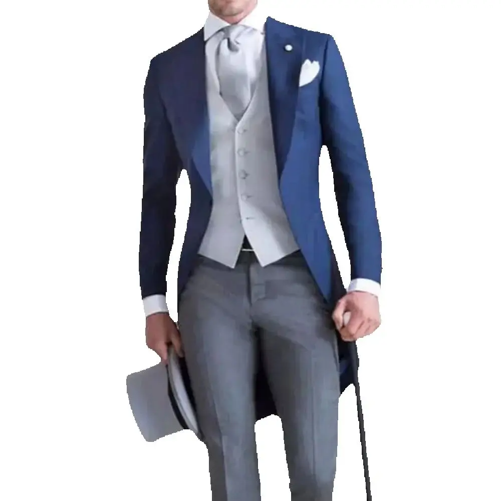 Luxury Men's Suits Single Breasted 3 Pieces Blue Jacket White Vest Gray Pants Male Clothing Business Banquet Blazers Sets