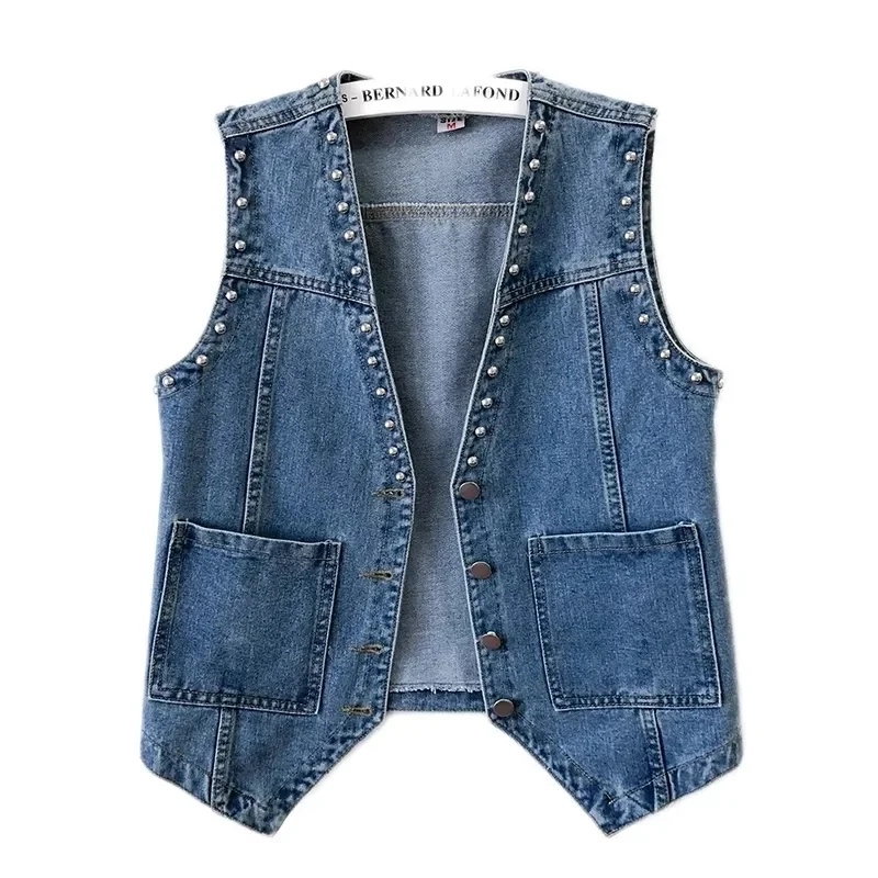 

2023 Spring Summer Denim Jacket V-neck Women Vest Coat Female Rivet Sleeveless Short Jeans Jackets Cowboy Waistcoat