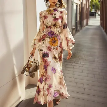 Abito elegante da donna in chiffon a maniche lunghe Moda Primavera Autunno Manica a lanterna Vita con volant Stampa floreale Abiti da festa da donna