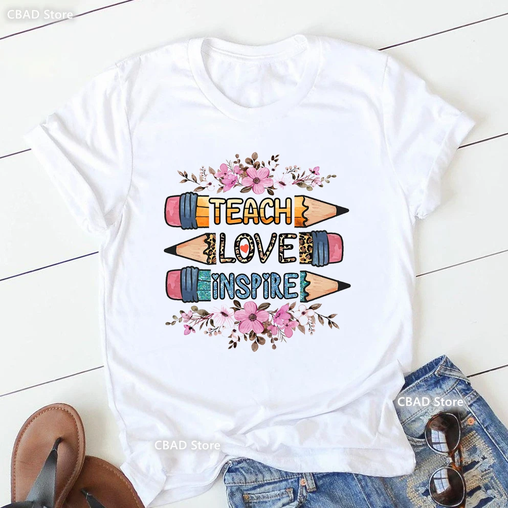 

Leopard Teach Love Inspire Letter Print Tshirt Women Clothes 2023 Pink Flowers T Shirt Femme White Casual T-Shirt Female Tops