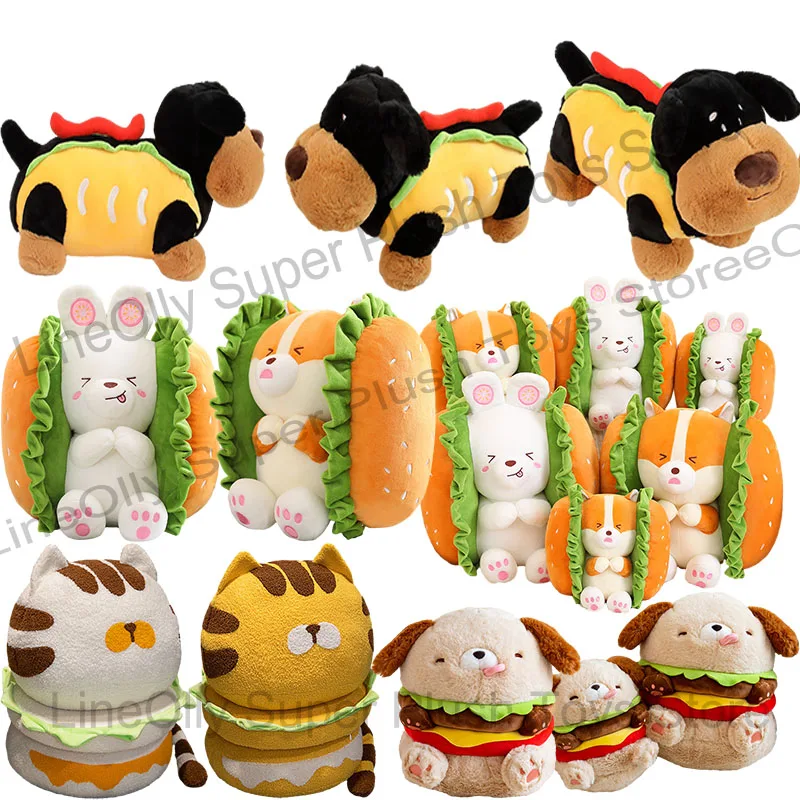 Creative Funny Hamburger Bunny Dog Simulation Burger Cat Plush Toys Delicious Pillow Stuffed Animal Sofa Cushion Kids Xmas Gifts