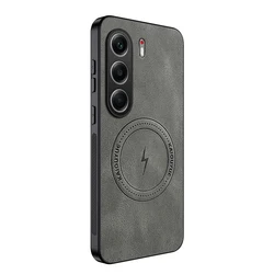 Luxury Leather Magnetic Phone Case with Wireless Charging and Shockproof Silicone Bumper Cover for Tecno Camon 40 Pro 4G (Gray)