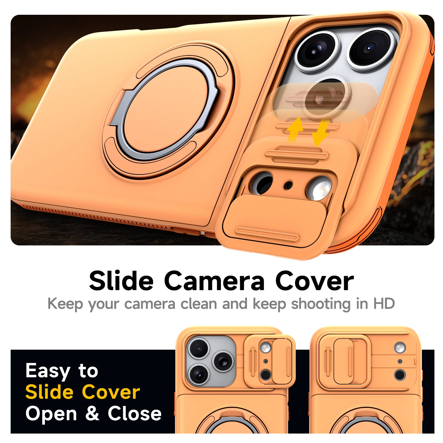 Enhanced Armor Case with Slide Camera Protector, Magnetic Ring Holder, and Card Cover
