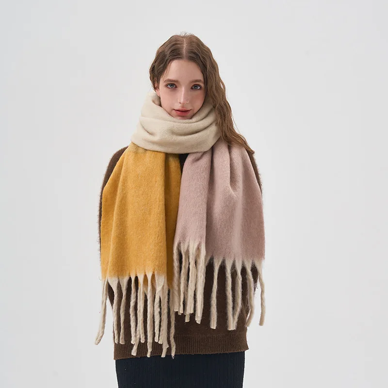 Women Ins Korean Gradient Colour Blocking Scarf Striped Tassel Shawl Winter Faux Cashmere Outwear Soft Windproof Scarfs