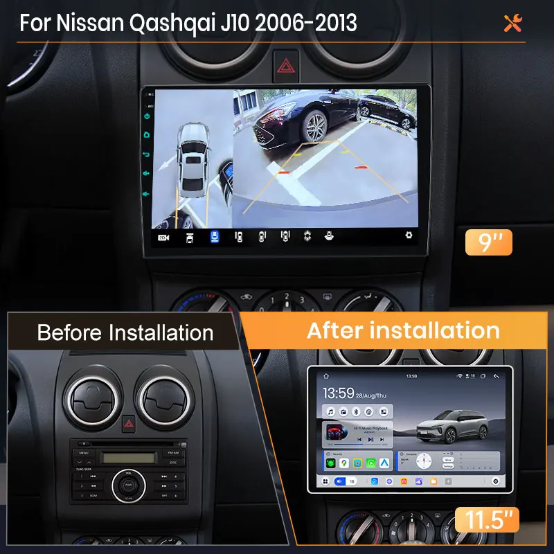 AWESAFE Radio Android de 9 pulgadas para Nissan Qashqai J10 2006-2013, CarPlay inalámbrico y Android Auto, navegación GPS, soporte multimedia, control del volante, amplificador de subwoofer, cámara trasera, Plug and Play, DAB+, autorradio digital, radio de coche 2 DIN, estéreo, RDS, DSP, FM, BT 2