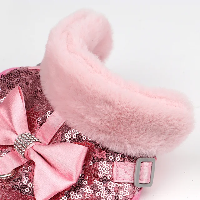 Winter Dog Harness Leash Set Warm Puppy Cat Harnesses With Fur Collar Bling Sequines Pet Vests For Dogs Cats Bowknot Accessories 5