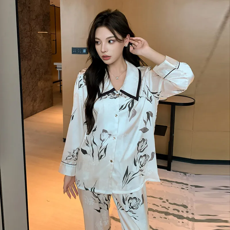 

Lapel 2PCS Pajamas Suit Women Print Satin Sleepwear Button Down Nightwear Home Clothes Casual Long Sleeve Shirt Pants