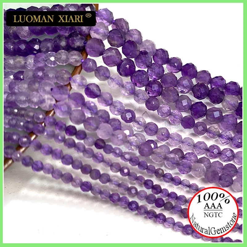 Fine 100% Natural Stone Beads Faceted Amethyst Loose Round Gemstone Crystal For Jewelry Making DIY Bracelet Necklace Charm 2-4mm